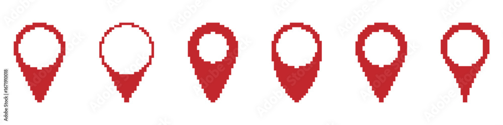 Poster red location pin pixel art icon set. geolocation, navigation, and map marker symbol collection. digi