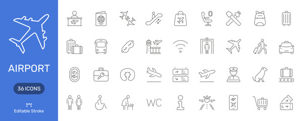 Airport Travel And Services Line Icon Set. Aviation, Passenger Assistance, And Airport Facilities Outline Symbol Collection. Editable Stroke. Isolated Vector Illustration