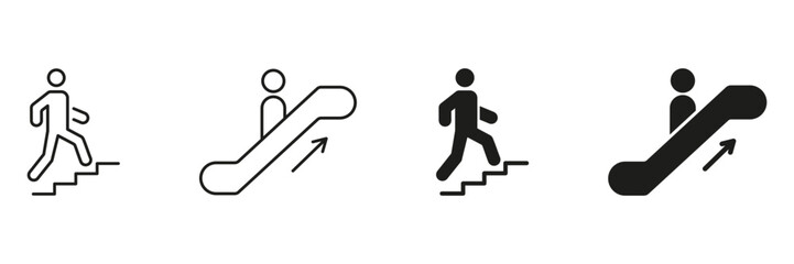 Person Walking Up Stairs And Escalator Icon Set. Movement And Transportation Symbol Collection. Mobility, Accessibility and Directional Guidance. Isolated Vector Illustration