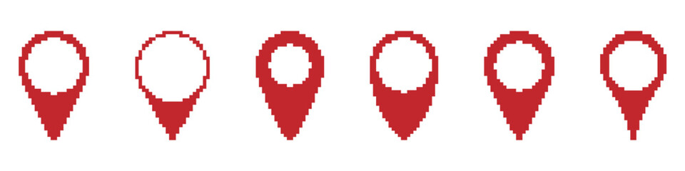 Red Location Pin Pixel Art Icon Set. Geolocation, Navigation, And Map Marker Symbol Collection. Digital Mapping And Gps Interface Design. Isolated Vector Illustration