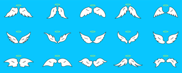 Angel Wings With Halo Icon Set. Spirituality, Protection, And Guardian Symbol Silhouette Collection. Heavenly And Celestial Themes. Isolated Vector Illustration