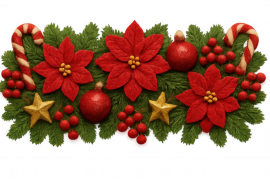 Christmas decoration border made of felt poinsettia, candy canes, red berries, golden stars, red balls and fir branches on transparent background