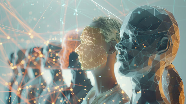 Diverse AI training session with inclusive data sets, global avatars feeding into AI model, balanced representation, equity in AI, 3D conceptual art