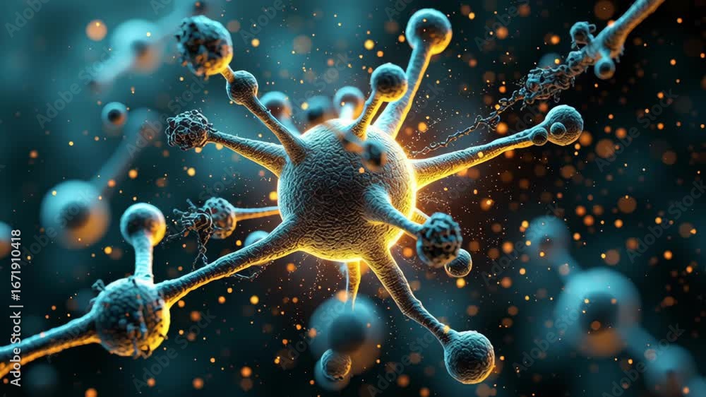 Poster microscopic detail of virus glowing elements showcase complexity of microorganisms in captivating sc