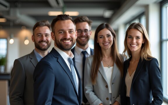 Portrait of laughing bussines team standing in office room. Generative AI. High quality