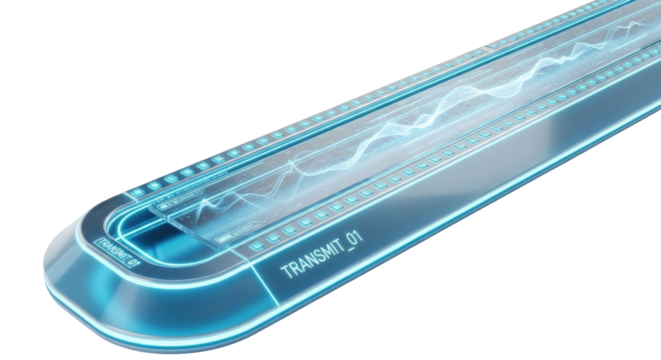 Sleek, luminous cyan holographic data conduit with glowing points & translucent display, 'TRANSMIT_01' text, on transparent studio background. Concept of futuristic data transfer