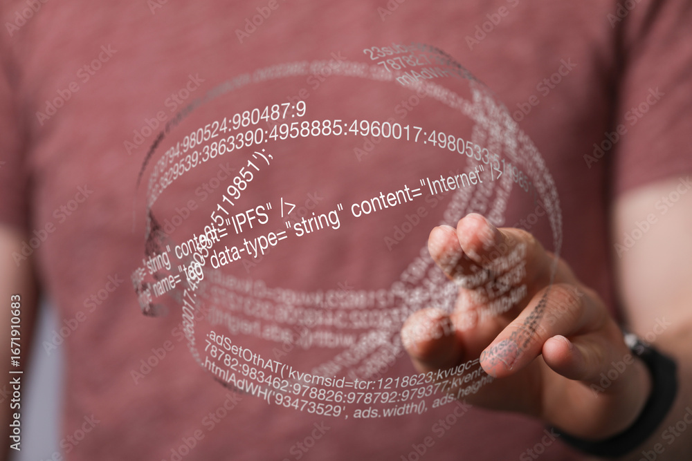 Aufkleber close-up of a hand interacting with a digital hologram displaying lines of code.