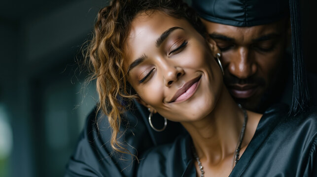 A man and a woman in graduation robes hugging each other