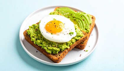 Two slices of toast topped with mashed avocado and a fried egg
