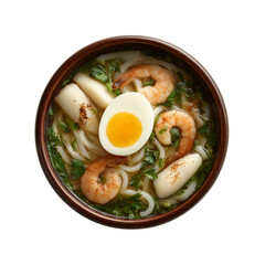 Delicious Udon Noodle Soup with Shrimp, Fish Cake, and Soft Boiled Egg - Overhead Shot