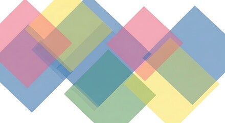 Abstract geometric design with overlapping translucent squares and diamonds in pastel colors.
