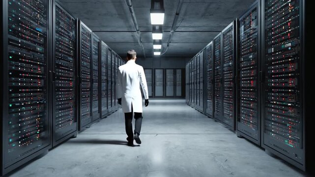 Mann l&auml;uft durch modernen Serverraum &ndash; Symbolbild f&uuml;r Big Data, IT und digitale Infrastruktur