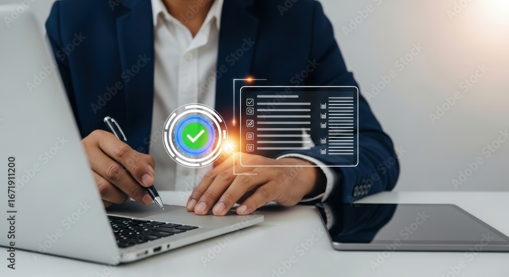 Poster a person confirms a task completion with a digital checkmark on a futuristic interface