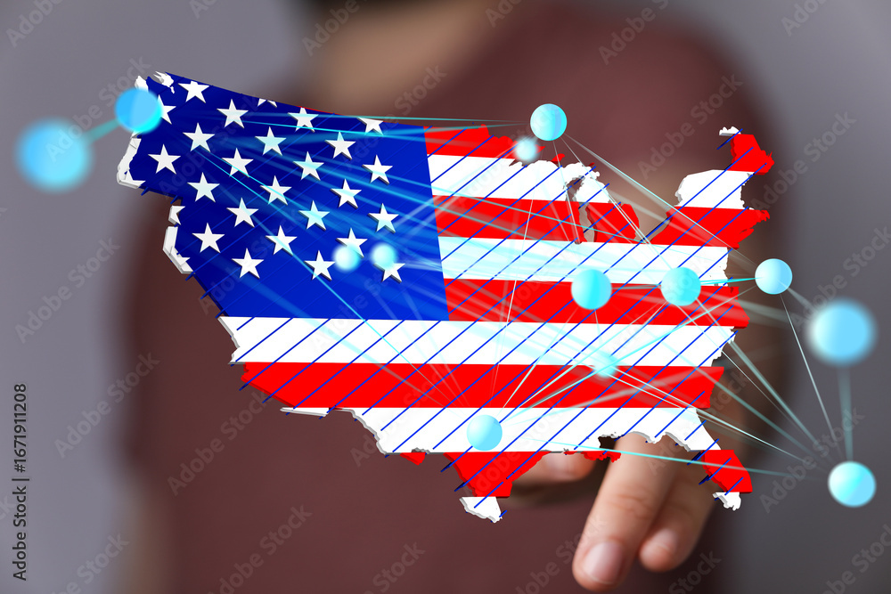Poster high-quality image of a us map with network connections, ideal for technology, business, and communi