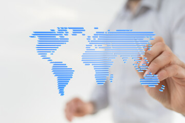 Image of a digital world map, ideal for illustrating global business, international communication,...