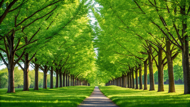 Lush Green Tree Lined Path in a Sunny Park During Spring walkway trees