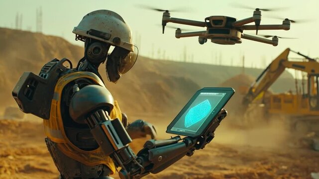 Futuristic AI Robot Interacting with Drone on Construction Site.
A futuristic AI robot, equipped with a hard hat and safety vest, holds a digital tablet displaying a holographic blueprint. It collabor