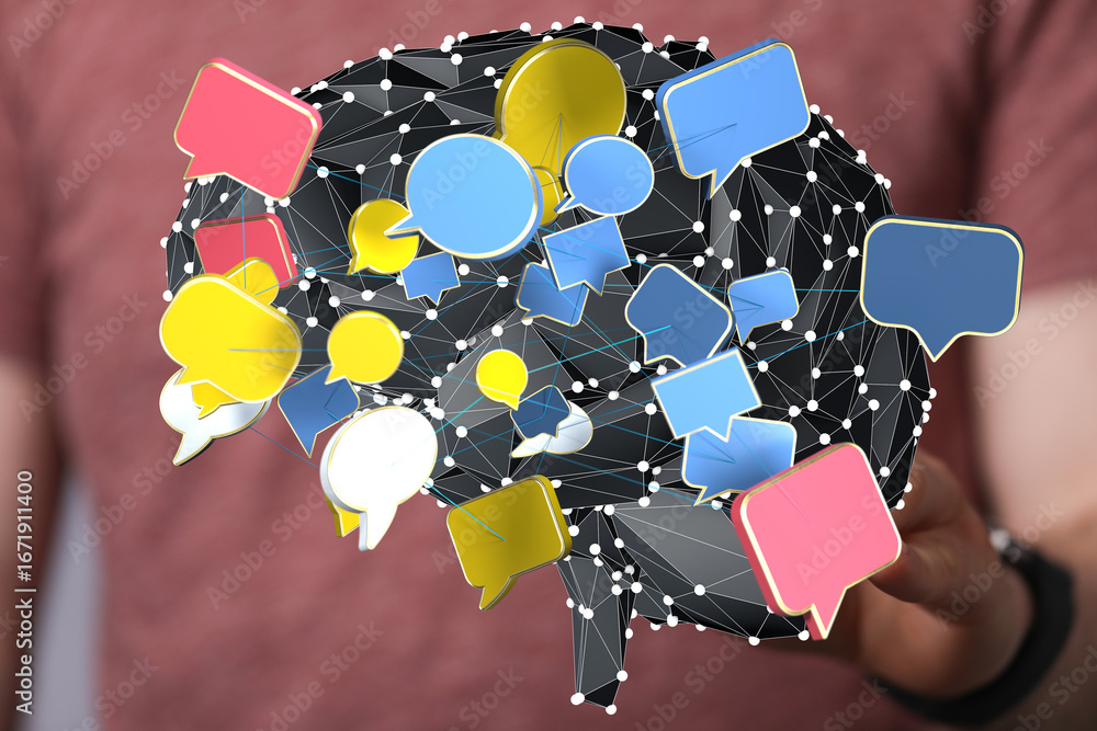 Aufkleber abstract image of a brain with interconnected speech bubbles, representing communication and network