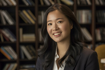Young professional woman smiling confidently in a library setting with a backdrop of books