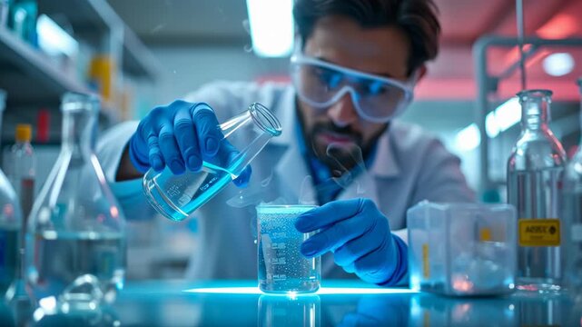 PFAS removal concept ,Laboratory scientist conducts precision experiment pouring clear liquid into beaker, showcasing focus
