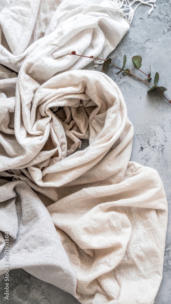 Poster beige textile draped on a mottled gray background with botanical twigs in a soft neutral setting