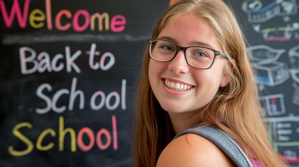 Smiling female student with glasses and a backpack in a bright classroom, beside a colorful welcome chalkboard, projecting optimism, perfect for back‑to‑school marketing and education ads.