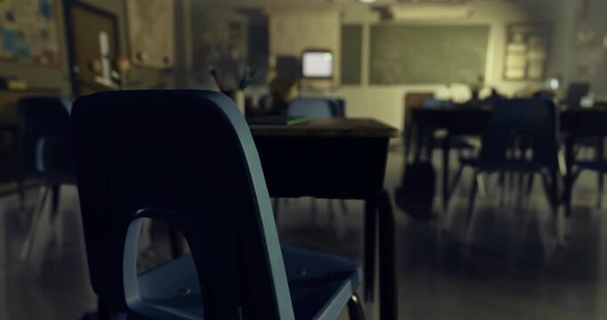 A vacant blue chair sits beside a wooden desk in a classroom filled with natural light, showcasing an inviting learning atmosphere. The space is softly illuminated, creating a sense of warmth.