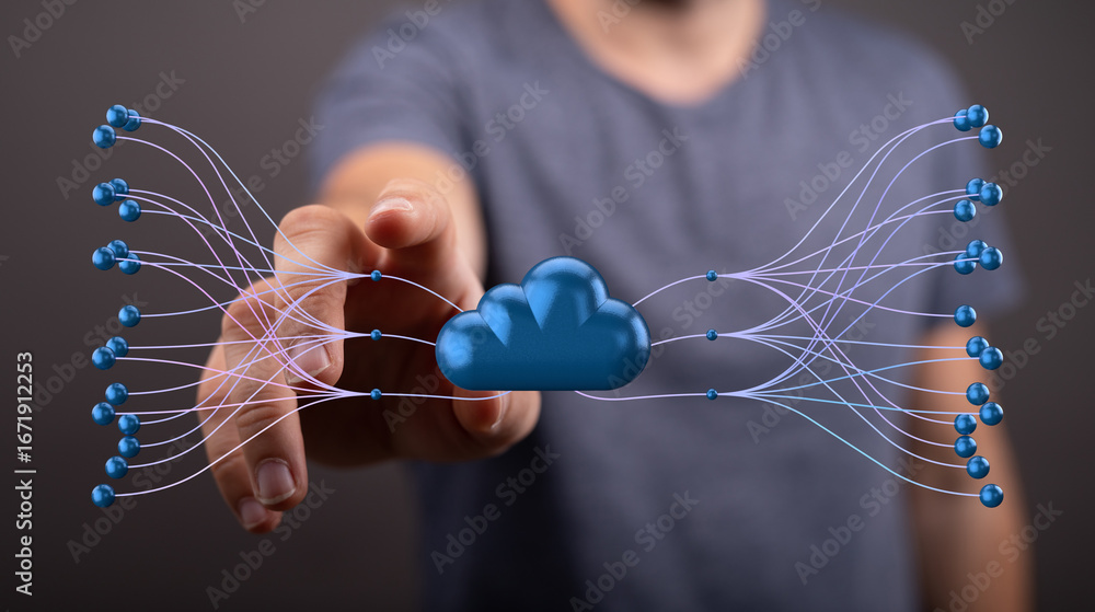 Poster high-quality image depicting cloud computing, data connections, network infrastructure, and global r
