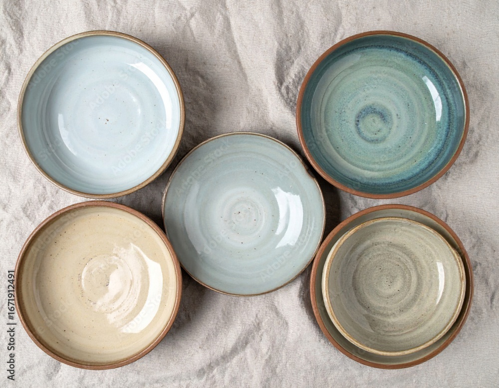 Poster collection of neutral colored plates on a textured sandy background in a studio setting