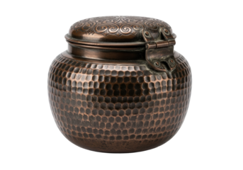 An antique, squat, dark copper vessel with tarnished hand-hammered texture and ornate etched lid, isolated on white with copy space, concept of ancient craftsmanship and heritage