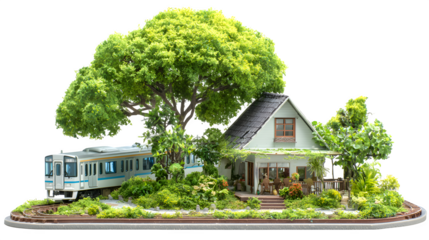 Scale model of a small house with surrounding greenery and a miniature train on tracks