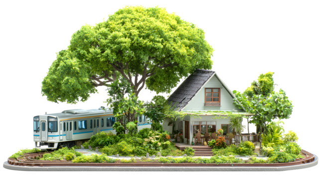 Scale model of a small house with surrounding greenery and a miniature train on tracks