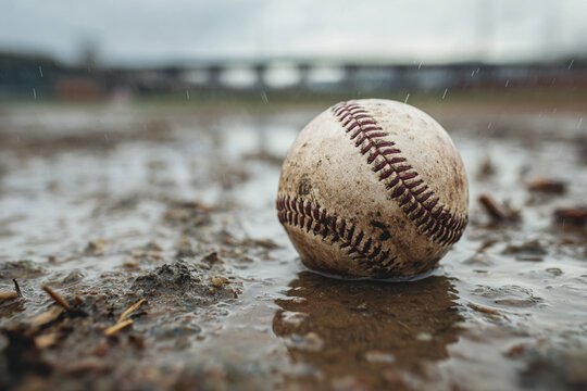 A weathered baseball sits in a puddle on a rain soaked baseball field a blurry background shows a bridge and overcast sky