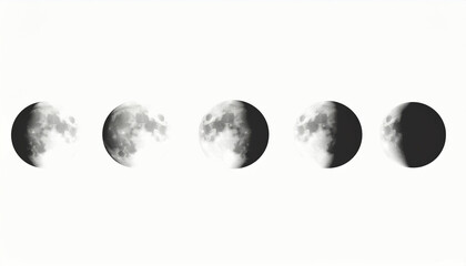 A grayscale illustration showcasing the lunar cycle's phases, from new moon to full moon.