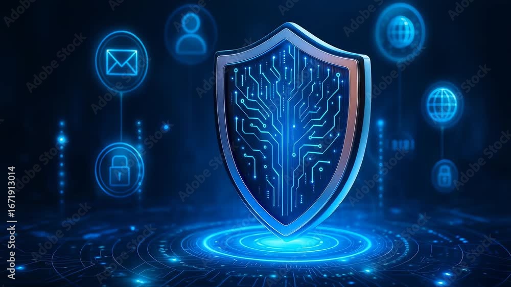 Poster cyber security shield technology protection network digital defense encryption icons