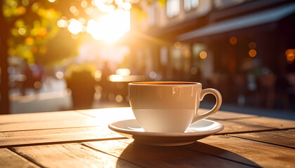 Obraz premium Warm coffee cup on wooden table at an outdoor cafe during peaceful morning. relaxing sun provides beautiful golden light, creating serene and inviting scene