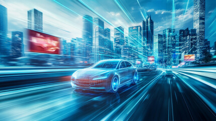 Fototapeta premium A futuristic car driving through a cityscape of towering skyscrapers and holographic billboards 