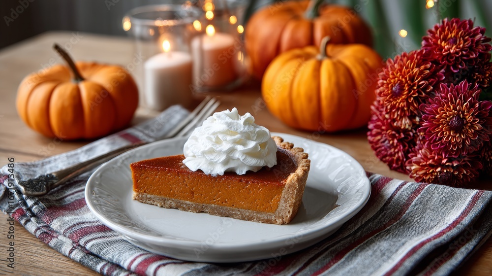Aufkleber slice of pumpkin pie with whipped cream on a plate. the pie is served on a table with a red and whit