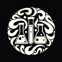 Vintage Science Crest with Beakers Test Tube and Flourishes Elegant Science Themed Design