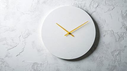 Frameless Oversized Wall Clock With Thin Yellow Hands on Textured White Background – Minimalist Modern Home Decor