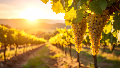 Serene bunch of ripe white grape hanging on vine in beautiful vineyard. golden sun sets over scenic valley, highlighting rows of plants and lush leaves