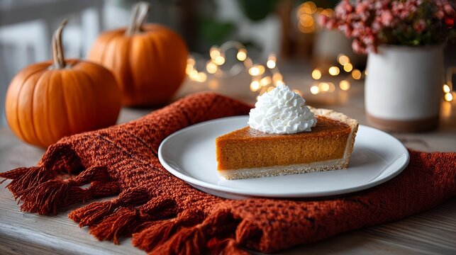 Slice of pumpkin pie with whipped cream on a plate is served on a table with two pumpkins