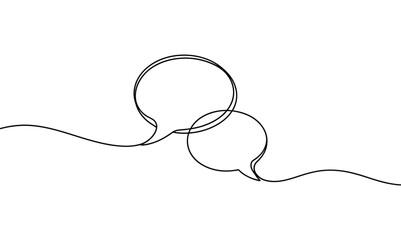 Minimalist continuous line drawing of overlapping speech bubbles, symbolizing dialogue, communication, and interaction in elegant style