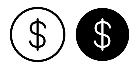 Vector isolated Dollar Coin icon set in black outline and fill