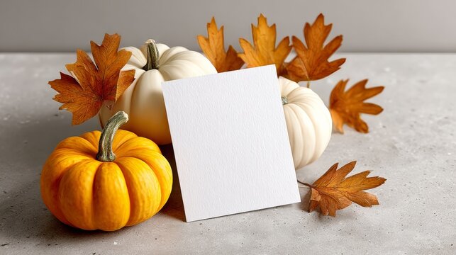 White sign sits on top of a pile of pumpkins and autumn leaves. The sign is blank, but it could be a sign for a pumpkin patch or a fall festival. The pumpkins and leaves create a warm