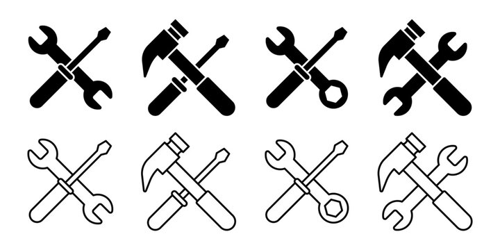 Vector isolated Mechanic Tools icon set in black outline and fill