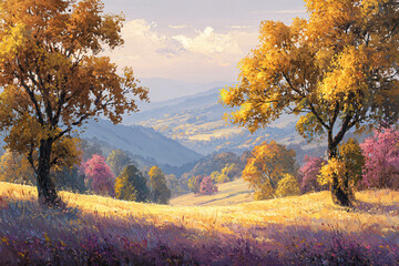 Fototapeta premium Autumnal landscape painting golden trees hillside valley wildflowers sunlit meadow