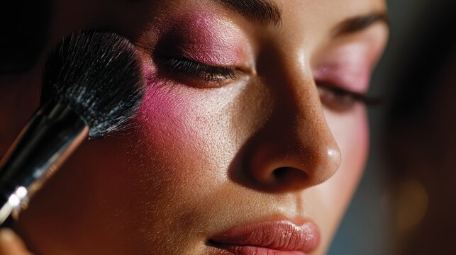Close up of a woman's face with pink eyeshadow and blush. Use for beauty, makeup tutorials or cosmetic promotions.