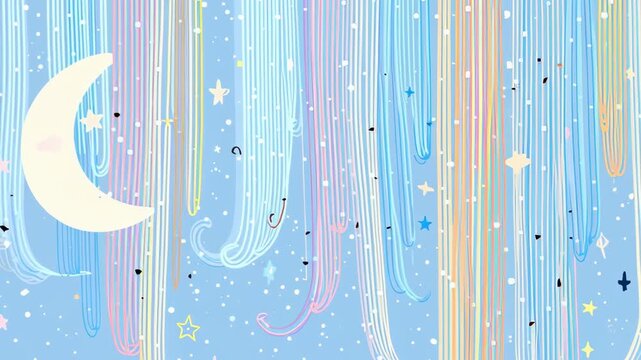 Cute abstract dreamscape with floating stars, crescent moons, and squiggly rainbow trails on light blue 