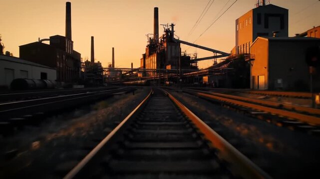 Industrial Sunset on Railroad Tracks - Majestic Factory Scene